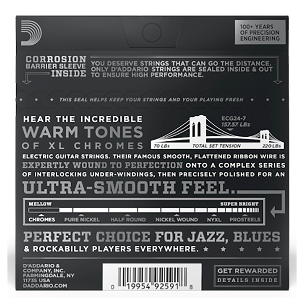 Electric Guitar Strings – D’Addario ECG24-7 – 7-String – XL Chromes – Flatwound – Jazz Light – 10-65 4