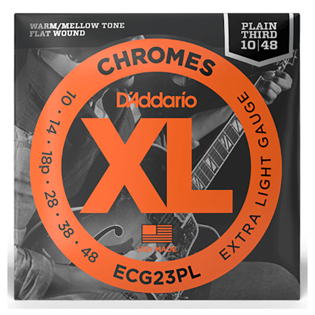 Electric Guitar Strings – D’Addario ECG23PL – XL Chromes – Plain 3rd String – Flatwound – Extra Light – 10-48 1