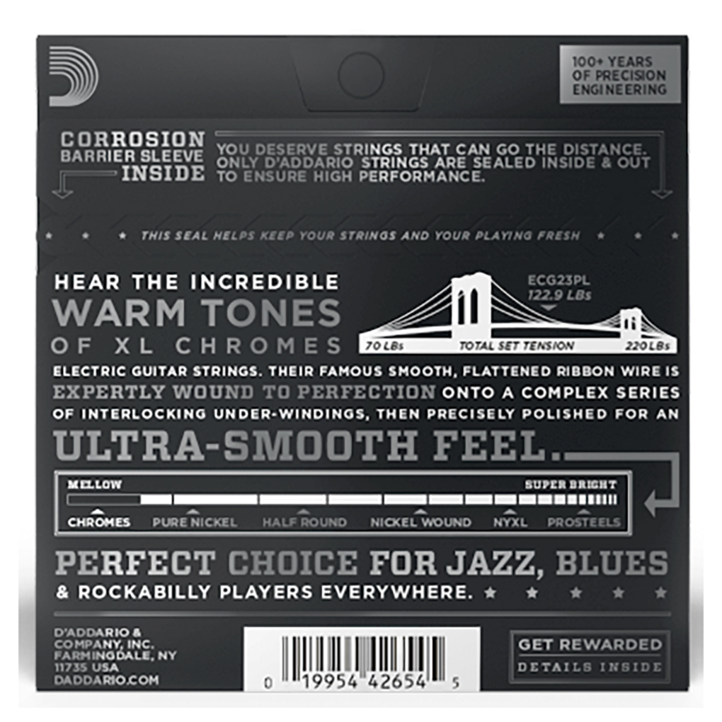 Electric Guitar Strings – D’Addario ECG23PL – XL Chromes – Plain 3rd String – Flatwound – Extra Light – 10-48 3