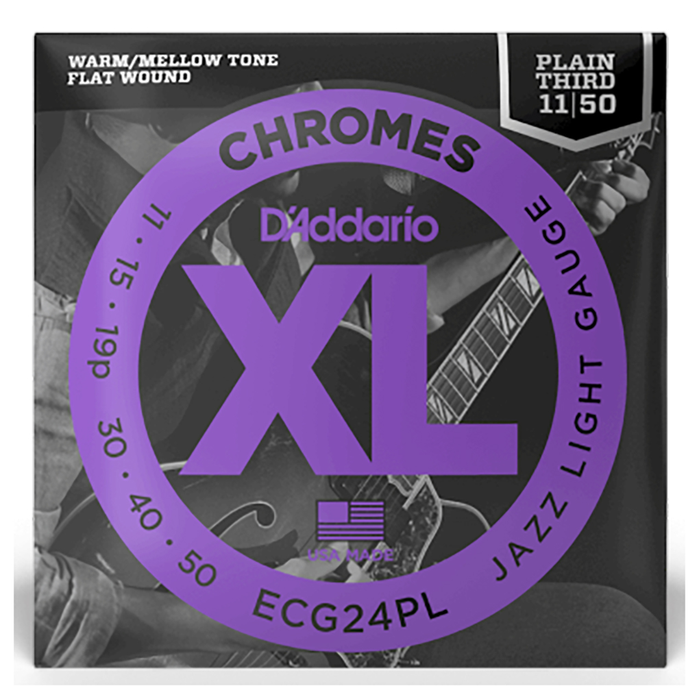 Electric Guitar Strings – D’Addario ECG24PL – XL Chromes – Plain 3rd String – Flatwound – Jazz Light – 10-50 1