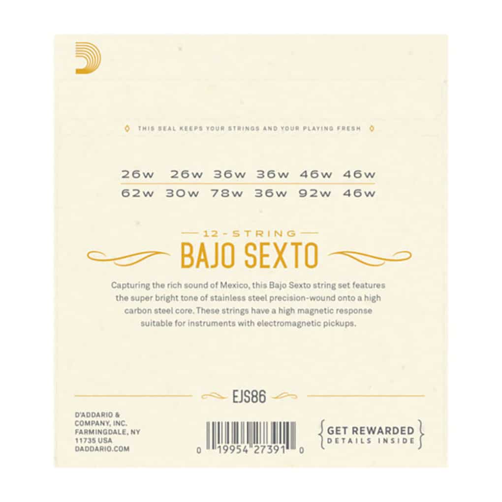 Bajo Sexto Strings – D’Addario EJS86 – 12 Strings – Stainless Steel – Loop End 2