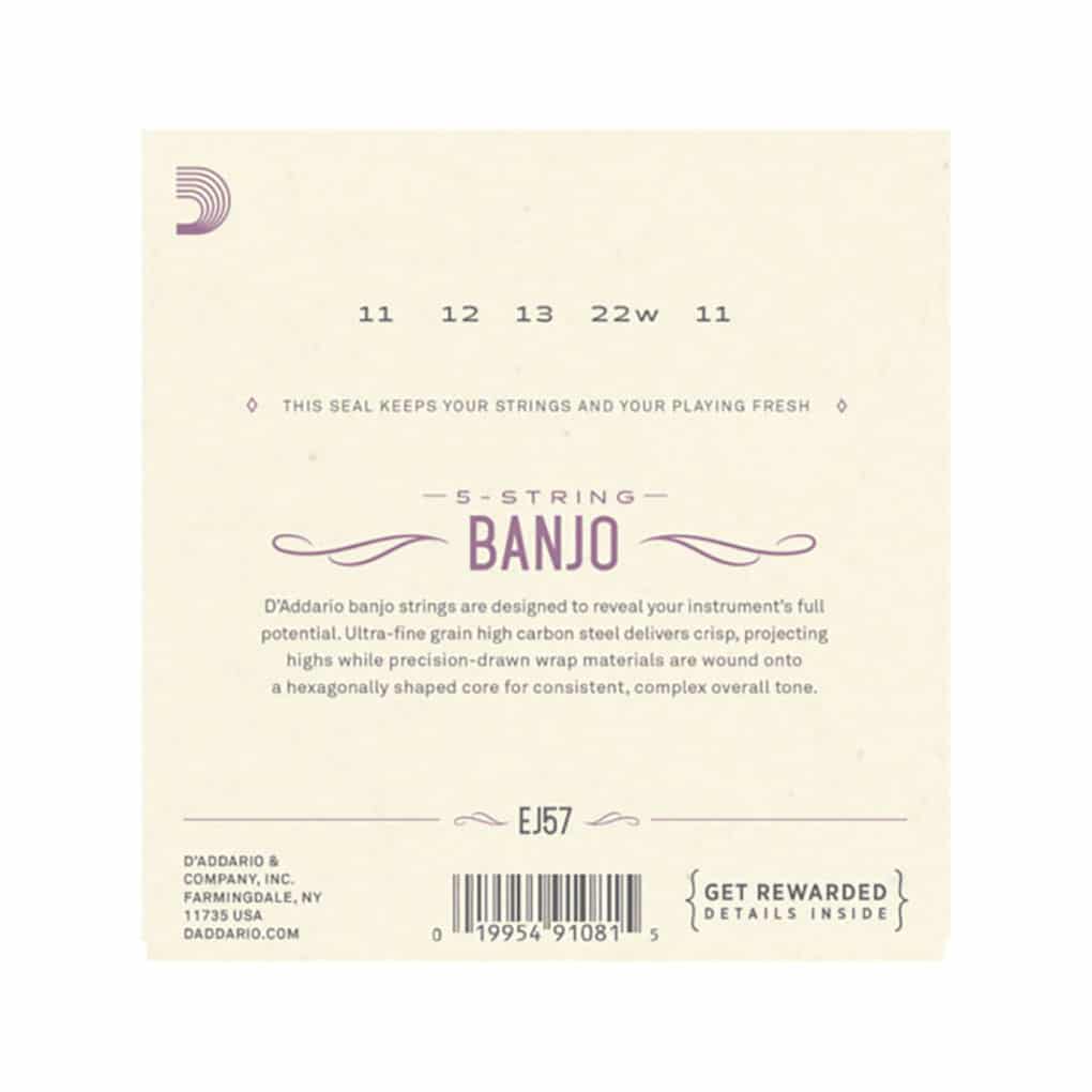 Banjo Strings – D’Addario EJ57 – 5-String – Nickel Plated Steel – Custom Medium – 11-22 – Loop End 2