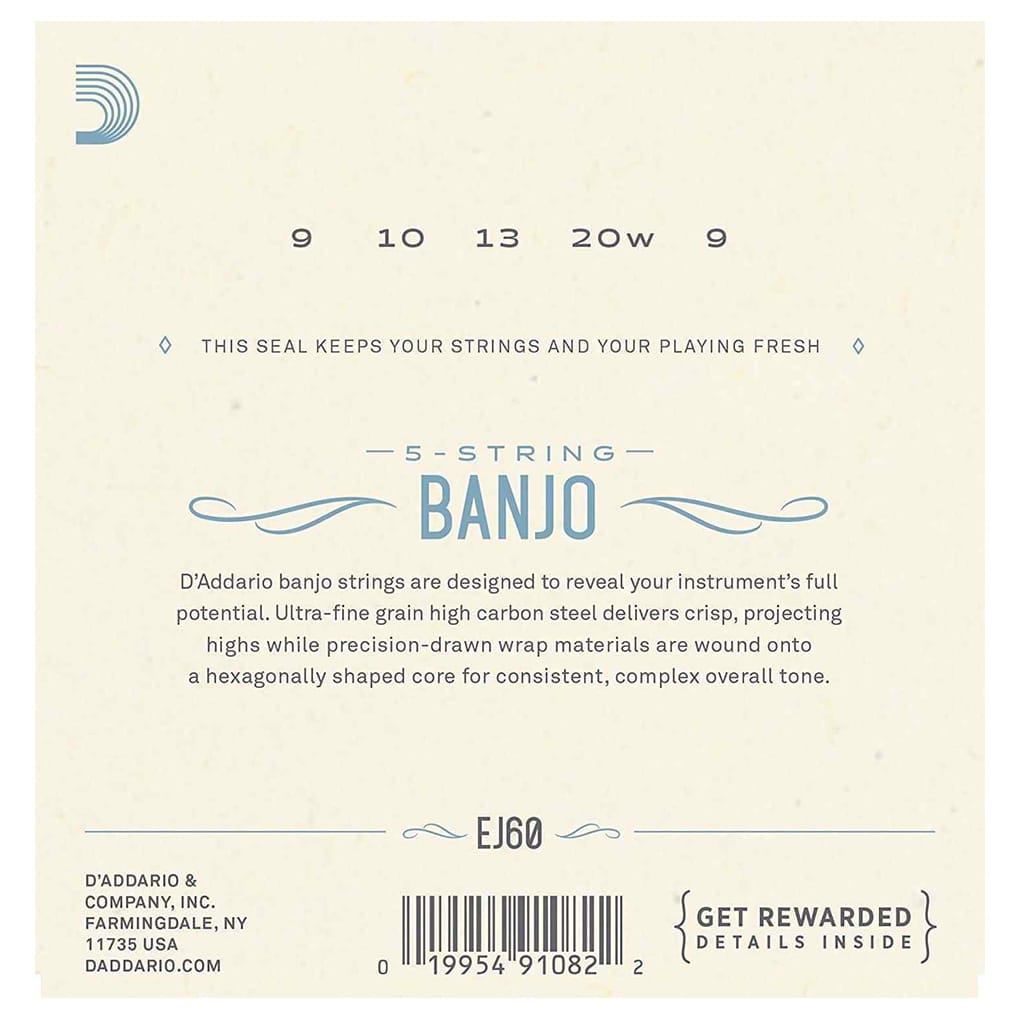 Banjo Strings – D’Addario EJ60 – 5 String Banjo – Nickel Plated Steel – Light – 9-20 – Loop End 3