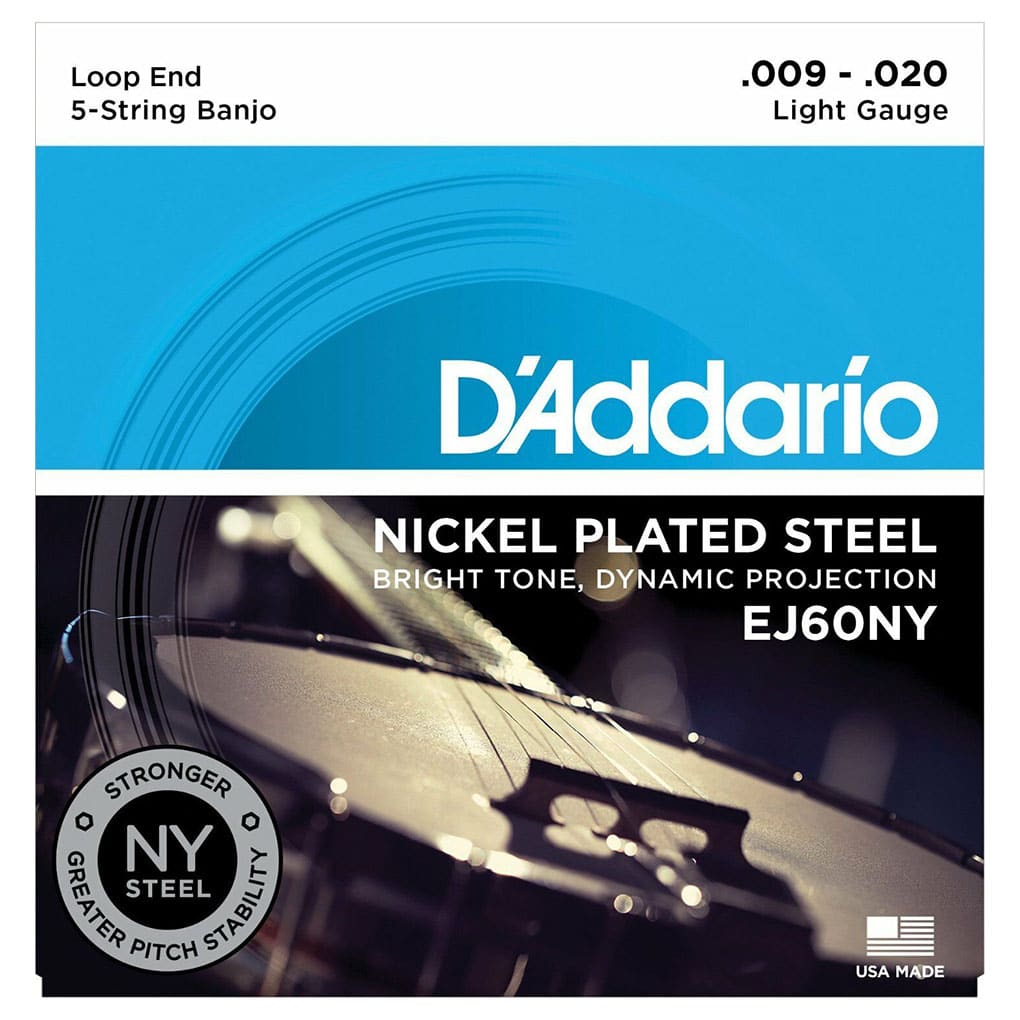 Banjo Strings – D’Addario EJ60NY – 5-String Banjo – NY Steel – Light – 9-20 – Loop End 1