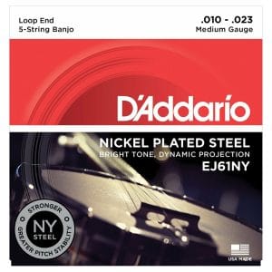 Banjo Strings – D’Addario EJ61NY – 5 String Banjo – NY Steel – Medium – 10-23 – Loop End 1