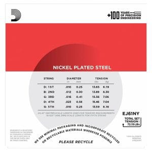 Banjo Strings – D’Addario EJ61NY – 5 String Banjo – NY Steel – Medium – 10-23 – Loop End 3