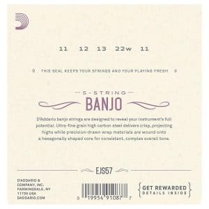 Banjo Strings – D’Addario EJS57 – 5 String Banjo – Stainless Steel – Custom Medium – 11-22 – Loop End 3