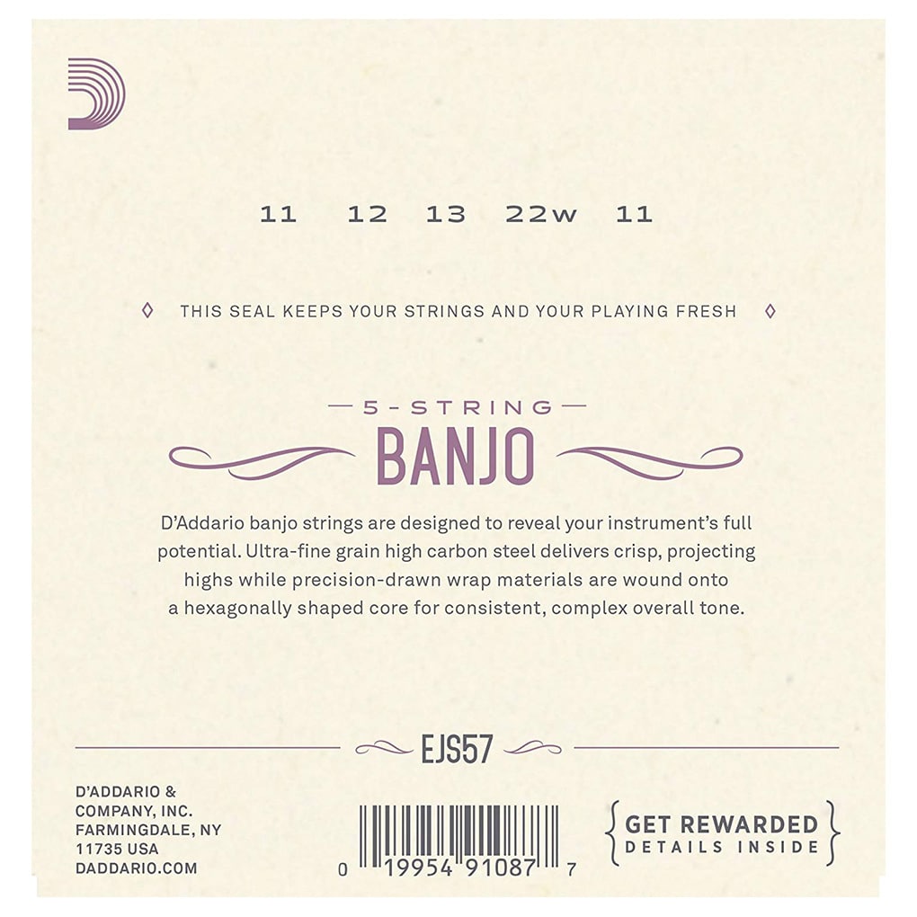 Banjo Strings – D’Addario EJS57 – 5 String Banjo – Stainless Steel – Custom Medium – 11-22 – Loop End 3