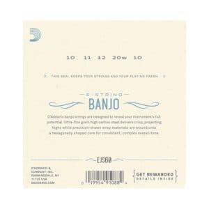 Banjo Strings – D’Addario EJS60 – 5 String Banjo – Stainless Steel – Light – 10-20 – Loop End 3