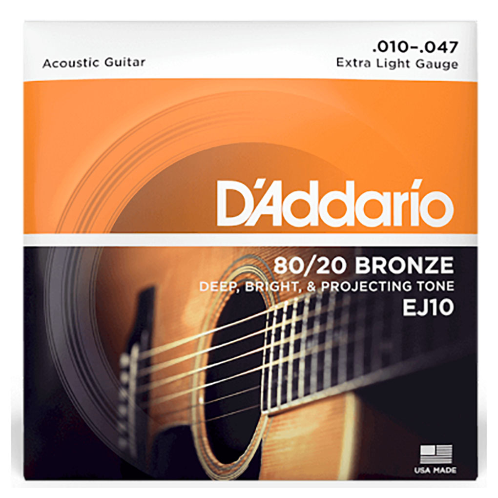 Acoustic Guitar Strings – D’Addario EJ10 – 80/20 Bronze – Extra Light – 10-47 1