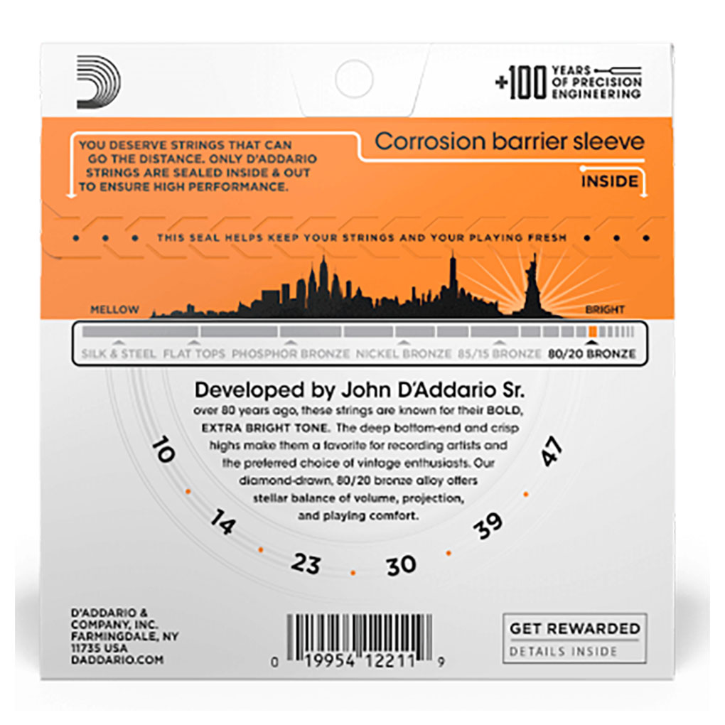 Acoustic Guitar Strings – D’Addario EJ10 – 80/20 Bronze – Extra Light – 10-47 2