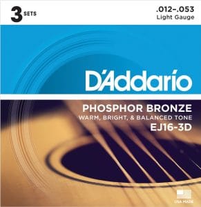 D’Addario EJ16-3D Phosphor Bronze Acoustic Guitar Strings – Light – 12-53 – 3 Sets 1
