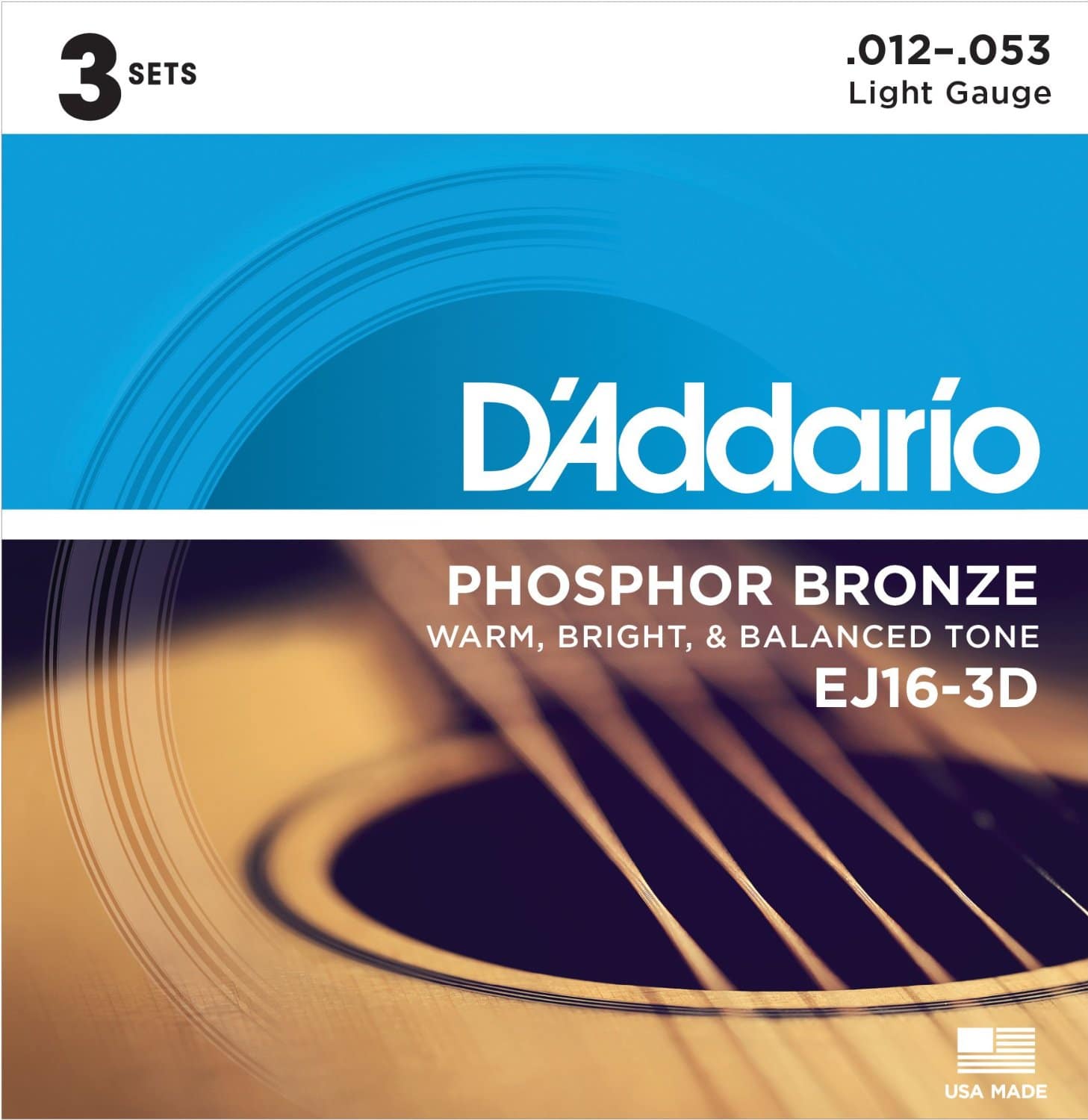 D’Addario EJ16-3D Phosphor Bronze Acoustic Guitar Strings – Light – 12-53 – 3 Sets 1