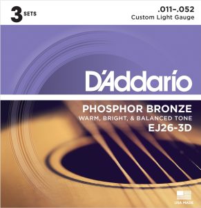 D'Addario EJ26-3D Phosphor Bronze Acoustic Guitar Strings - Custom Light - 11-52 - 3 Sets