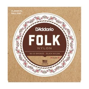 Classical Guitar Strings - D'Addario EJ34 - Folk - 80/20 Bronze - Black Nylon Trebles - Ball End