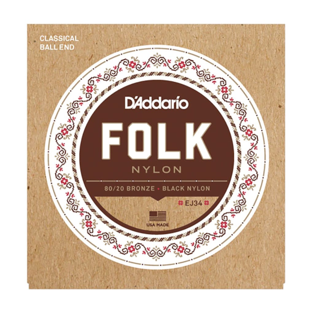 Classical Guitar Strings – D’Addario EJ34 – Folk – 80/20 Bronze – Black Nylon Trebles – Ball End 1