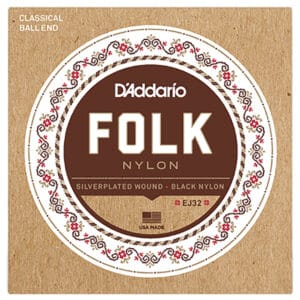 Classical Guitar Strings – D’Addario EJ32 – Folk – Silverplated Wound – Black Nylon Trebles – Ball End 1