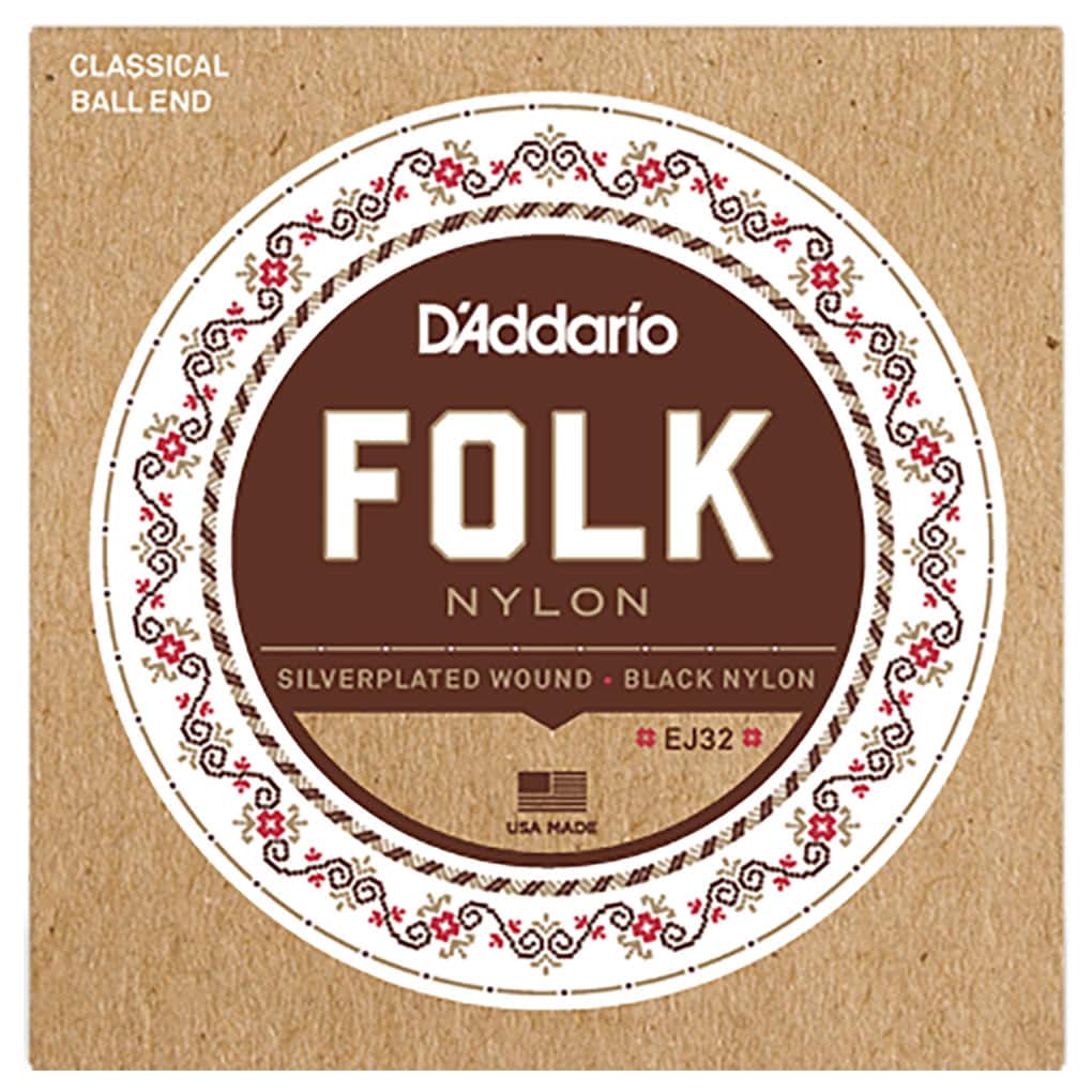 Classical Guitar Strings – D’Addario EJ32 – Folk – Silverplated Wound – Black Nylon Trebles – Ball End 1