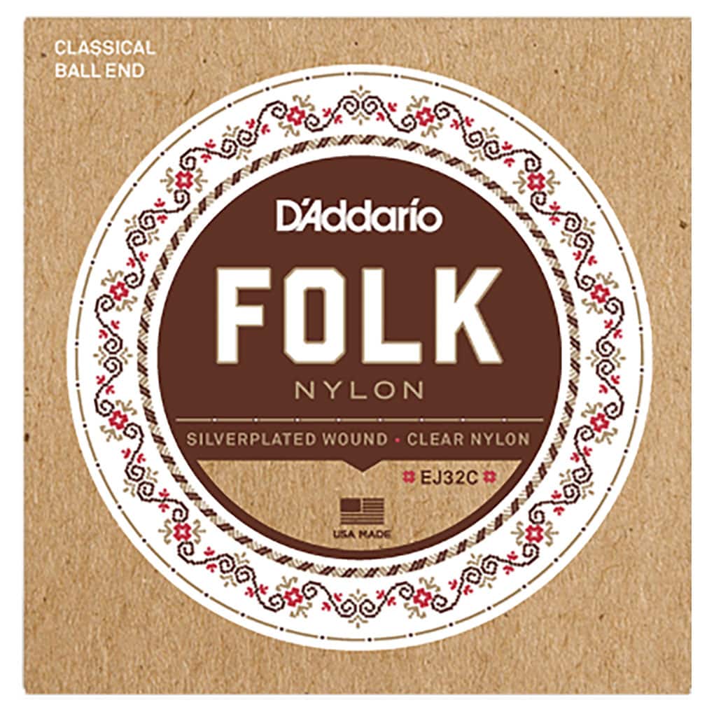 Classical Guitar Strings – D’Addario EJ32C – Folk – Silverplated Wound – Clear Nylon Trebles – Ball End 1