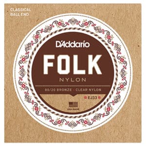 Classical Guitar Strings - D'Addario EJ33 - Folk - 80/20 Bronze - Clear Nylon Trebles - Ball End