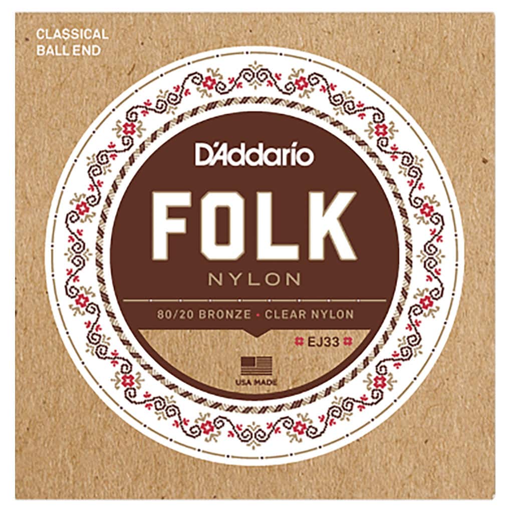 Classical Guitar Strings – D’Addario EJ33 – Folk – 80/20 Bronze – Clear Nylon Trebles – Ball End 1