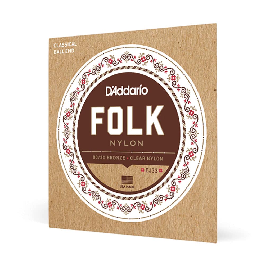 Classical Guitar Strings – D’Addario EJ33 – Folk – 80/20 Bronze – Clear Nylon Trebles – Ball End 3