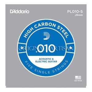 D'Addario PL010-5 Plain Steel Single String - Acoustic & Electric Guitar .010 - 5 Pack
