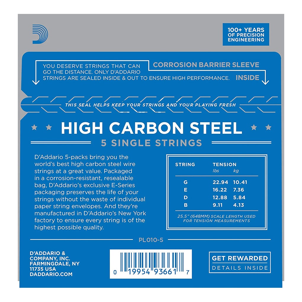 D’Addario PL010-5 Plain Steel Single String – Acoustic & Electric Guitar