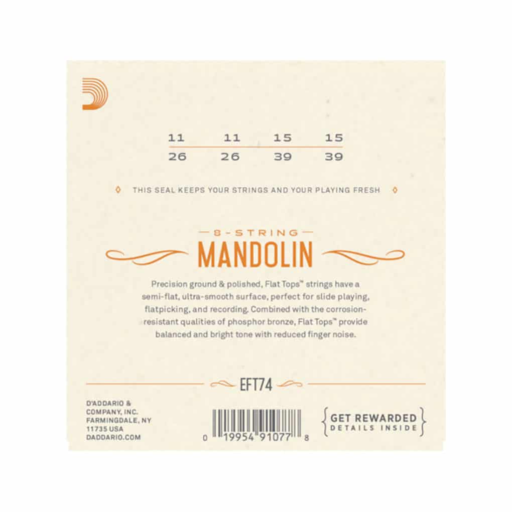 Mandolin Strings – D’Addario EFT74 – Flat Tops – Phosphor Bronze – Medium – 11-39 – Loop End 2