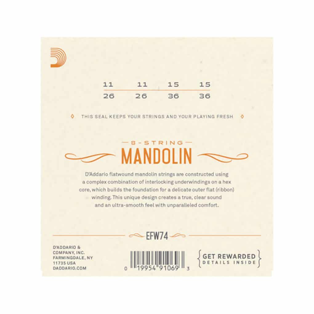 Mandolin Strings – D’Addario EFW74 – Flatwound – Stainless Steel – Medium – 11-36 – Loop End 2