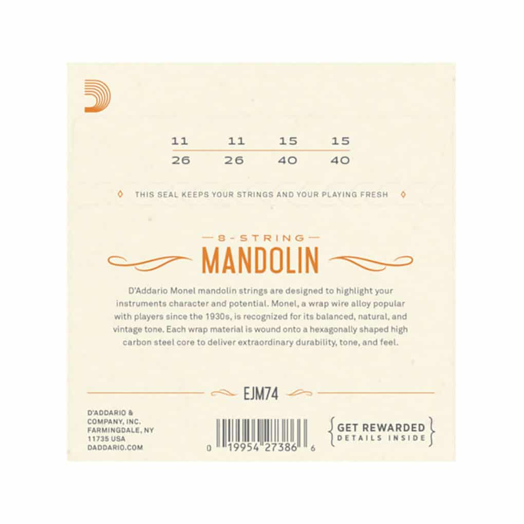 Mandolin Strings – D’Addario EJM74 – Monel – Medium – 11-40 – Loop End 2