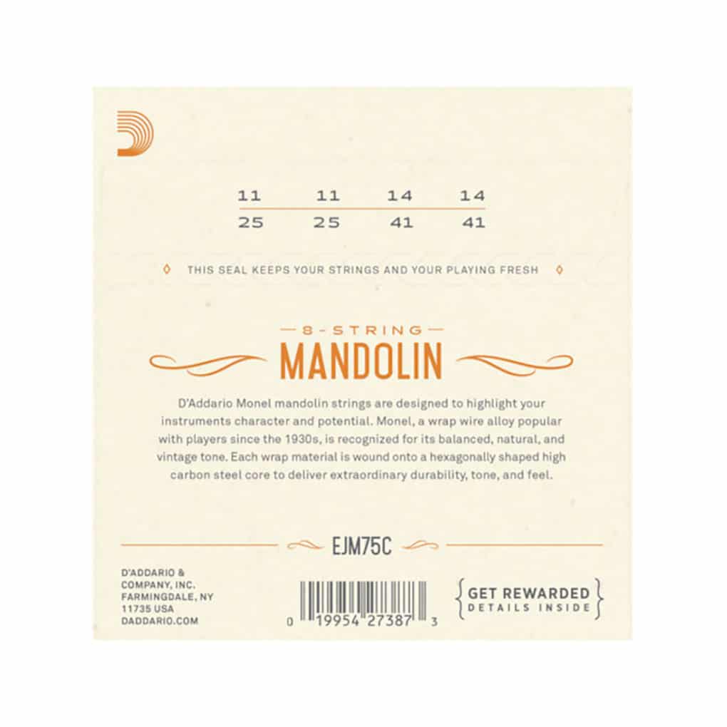Mandolin Strings – D’Addario EJM75C – Monel – Medium Plus – 11-41 – Loop End 2