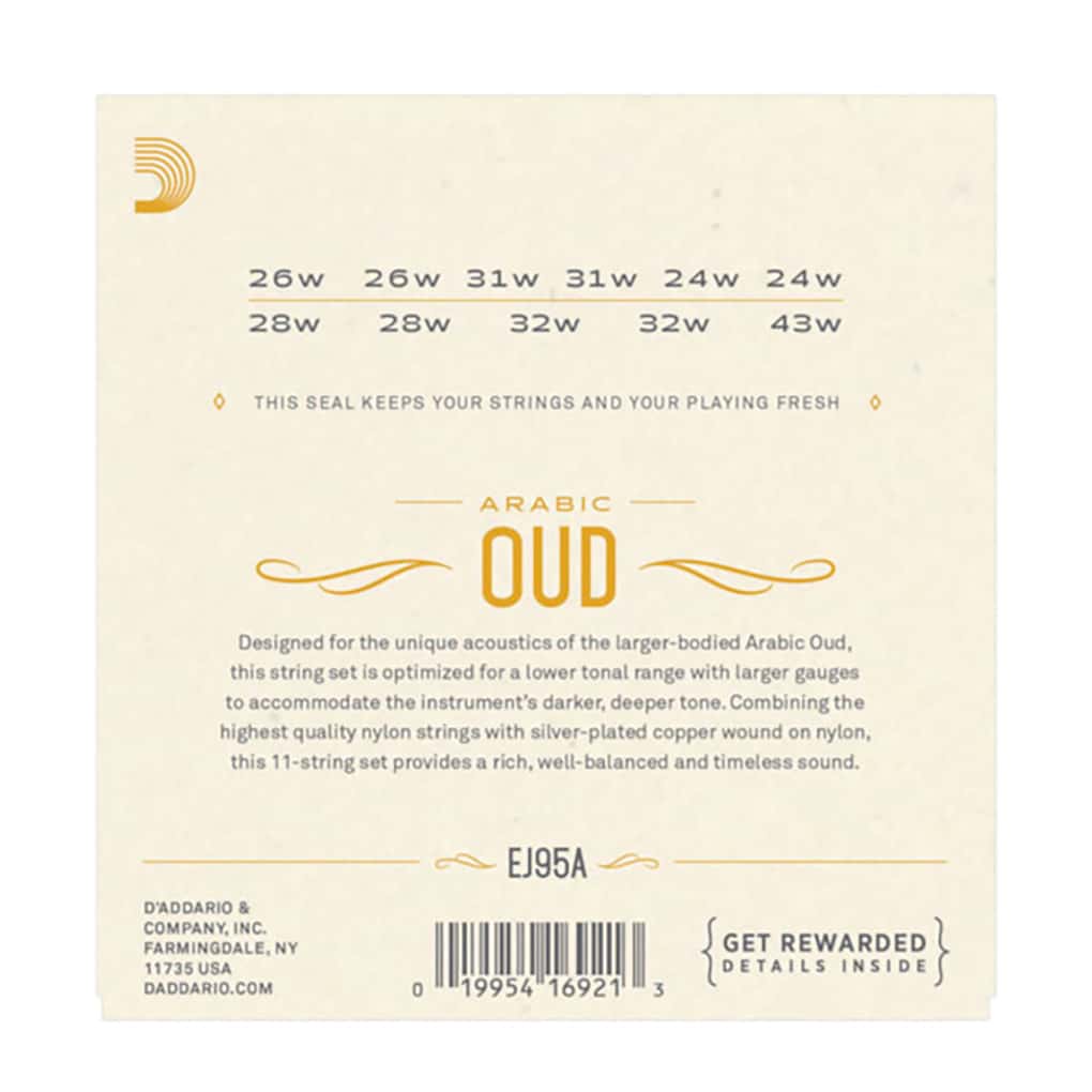 Oud Strings – Arabic Oud – D’Addario EJ95A – 11 String Set – cgdAFC Tuning – Nylon & Silver Plated Copper – Tie End 2