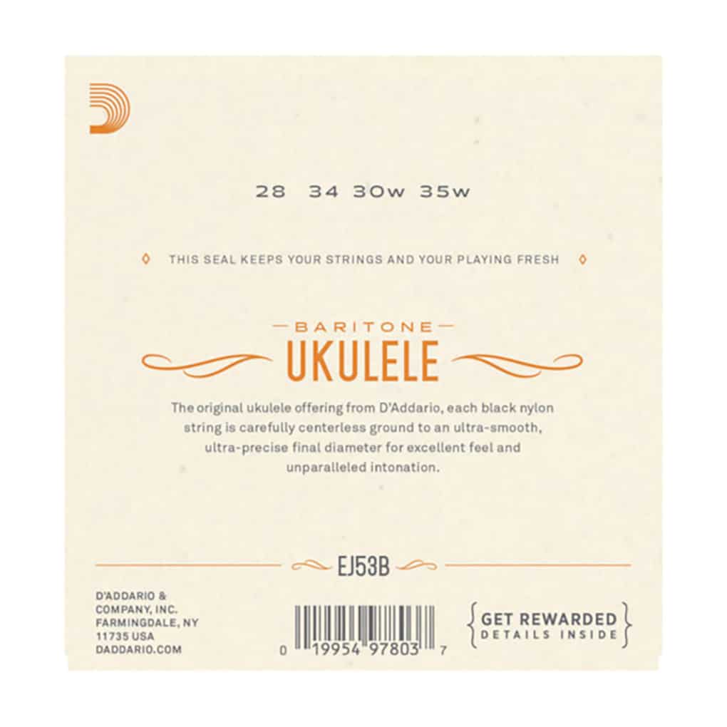 Ukulele Strings – D’Addario EJ53B – Black Nylon – Baritone Set – DGBE Low D Tuning 2