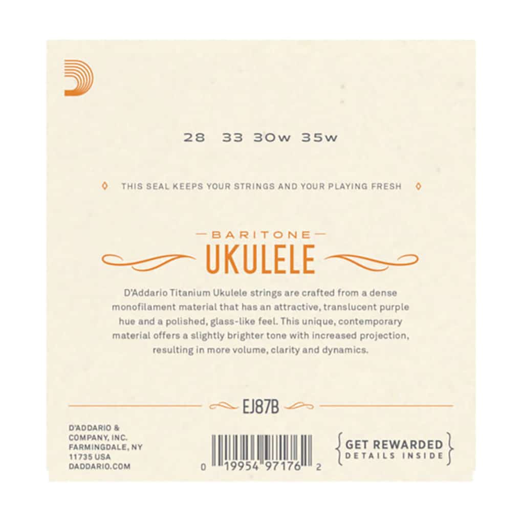 Ukulele Strings – D’Addario EJ87B – Titanium – Baritone Set – DGBE Low D Tuning 2