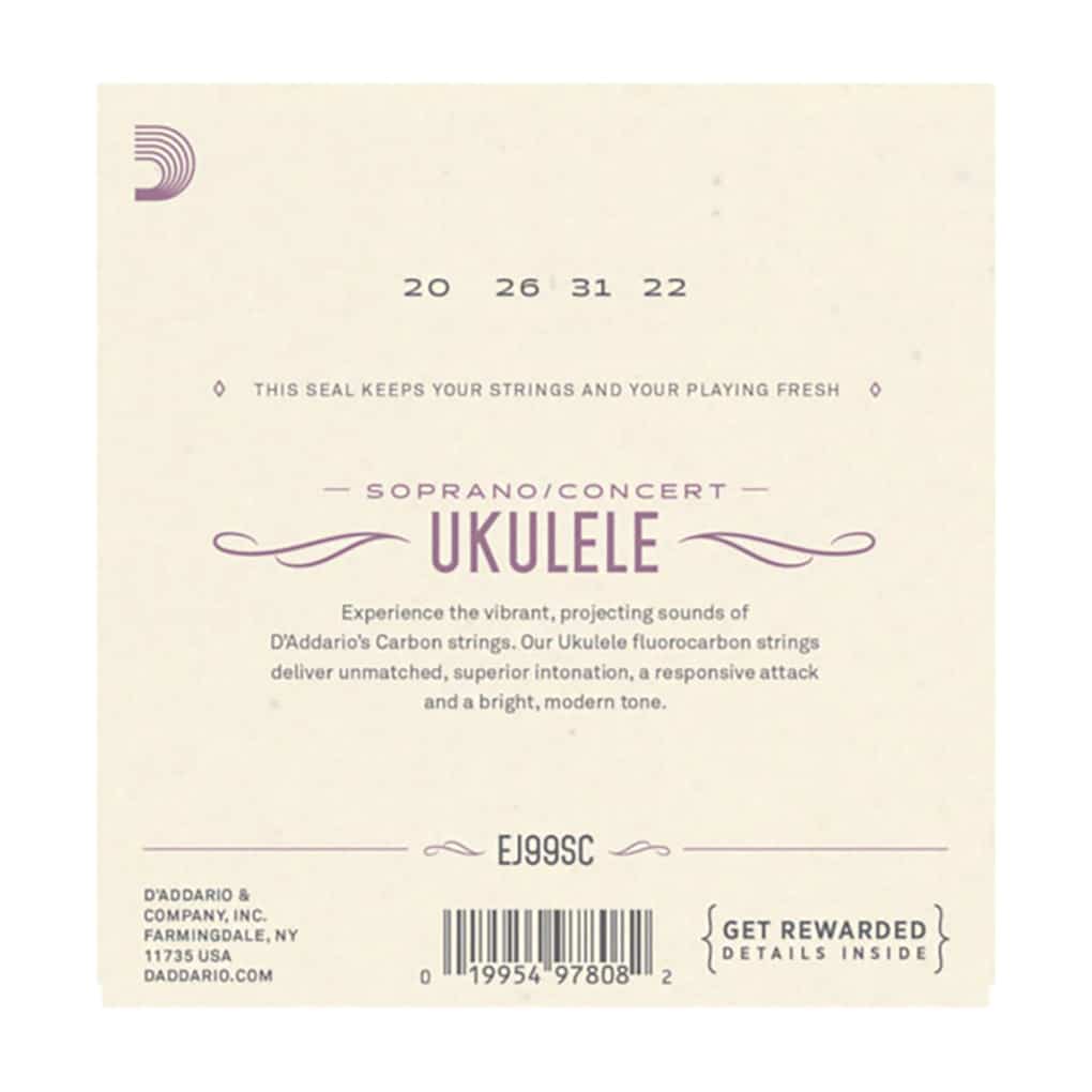 Ukulele Strings – D’Addario EJ99SC – Fluorocarbon – Soprano & Concert Set – GCEA High G Tuning 2