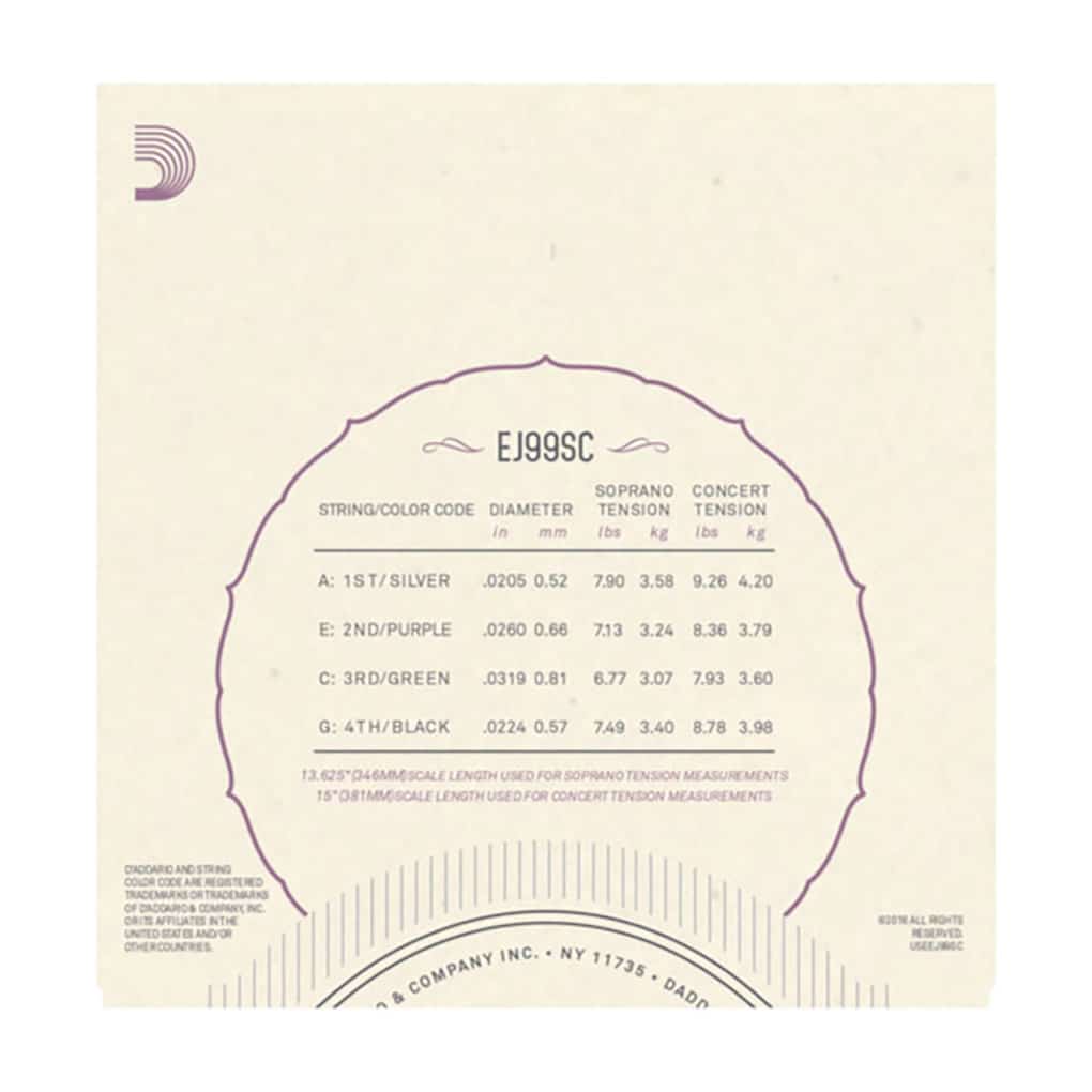 Ukulele Strings – D’Addario EJ99SC – Fluorocarbon – Soprano & Concert Set – GCEA High G Tuning 3