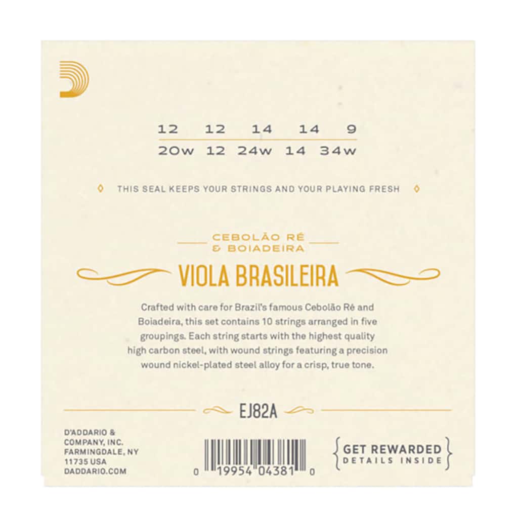 Viola Brasileira Strings – D’Addario EJ82A – For Cebolao Re & Boiadeira – 10 Strings – Ball End 2