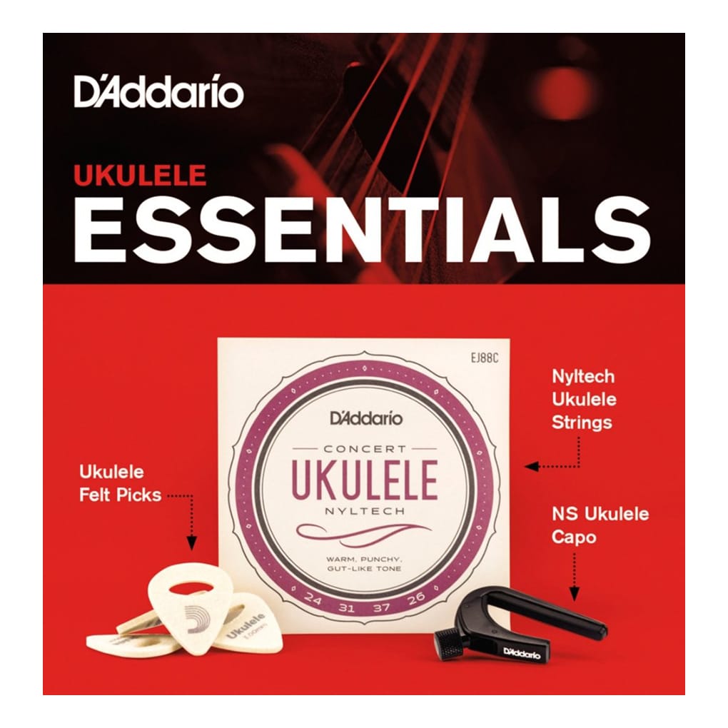 D’Addario – Ukulele Essentials Kit – Includes EJ88C Concert Strings – Capo – Felt Picks – PW-UKEB-VM 1