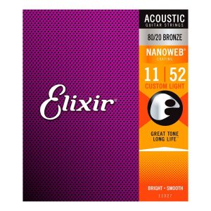 Elixir 11027 - Nanoweb 80/20 Bronze Acoustic Guitar Strings - Custom Light - 11-52