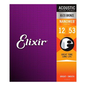 Elixir 11052 - Nanoweb 80/20 Bronze Acoustic Guitar Strings - Light - 12-53