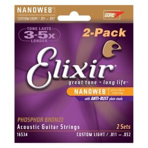 Elixir 16534 - Nanoweb Phosphor Bronze Acoustic Guitar Strings - Custom Light - 11-52 - 2 Pack