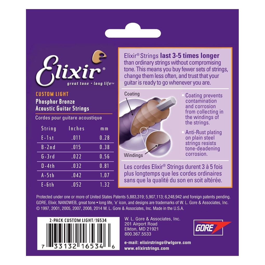 Elixir 16534 – Nanoweb Phosphor Bronze Acoustic Guitar Strings – Custom Light – 11-52 – 2 Pack 2