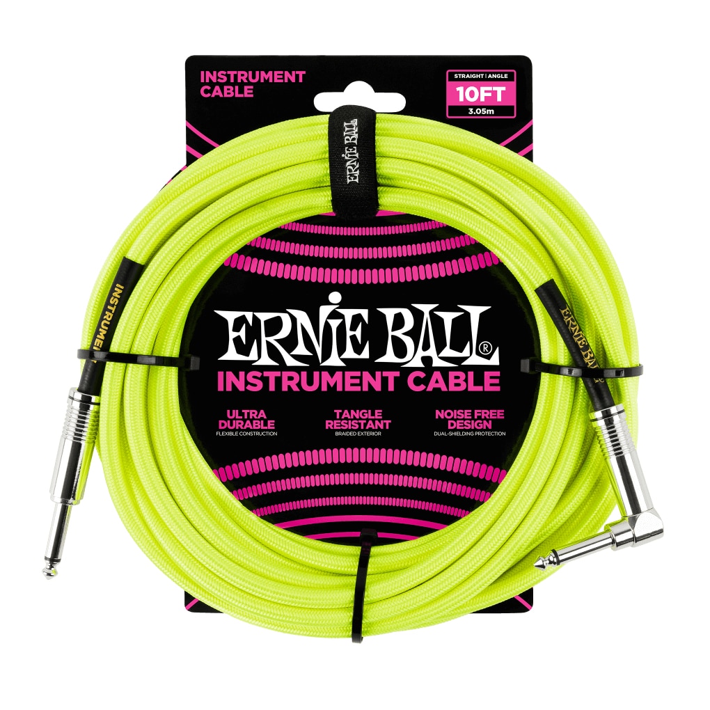 Ernie Ball – Braided Instrument Cable – Straight/Angle – Neon Yellow – 10ft – P06080 1