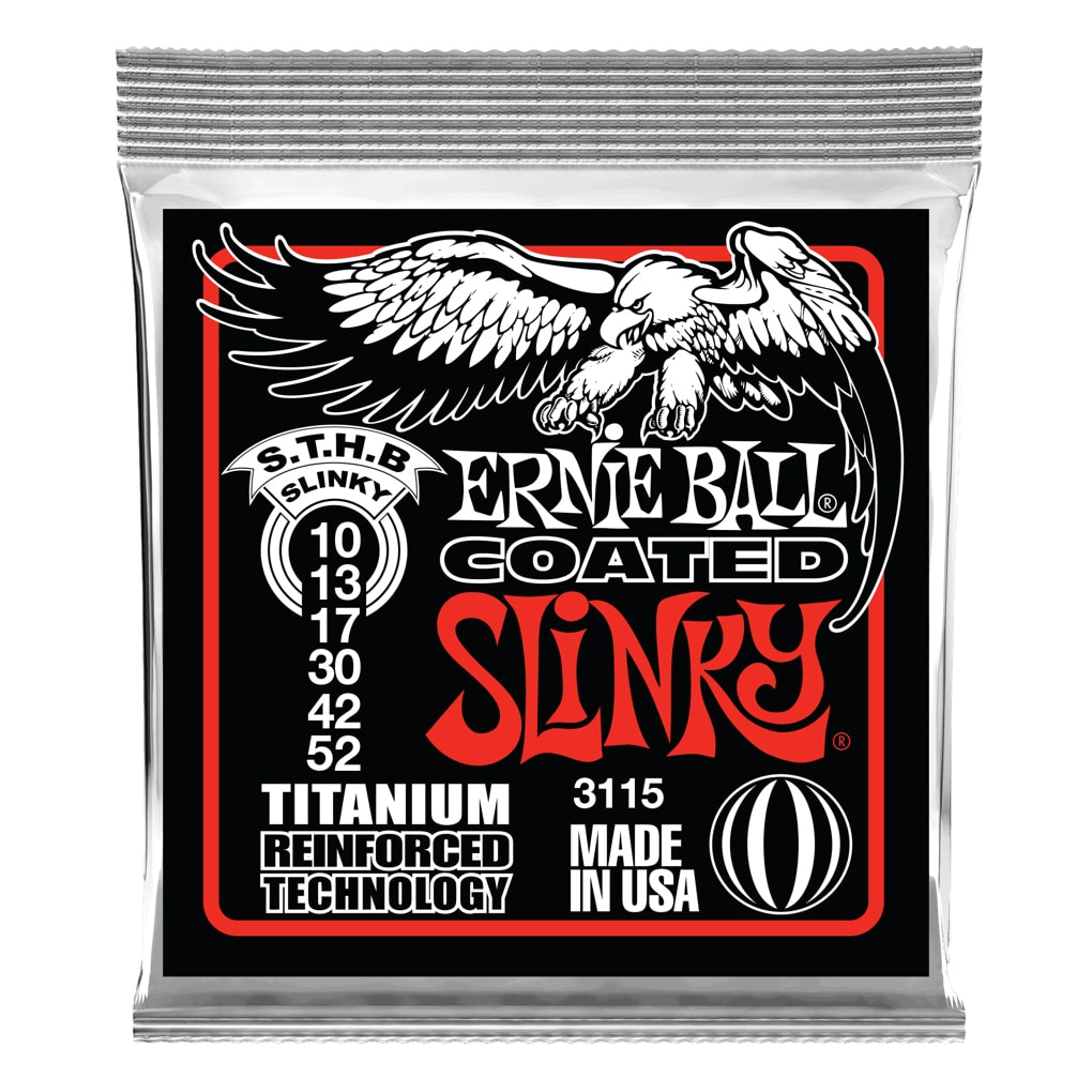 Electric Guitar Strings – Ernie Ball 3115 – Coated Skinny Top/Heavy Bottom Slinky Titanium Reinforced RPS – 10-52  1