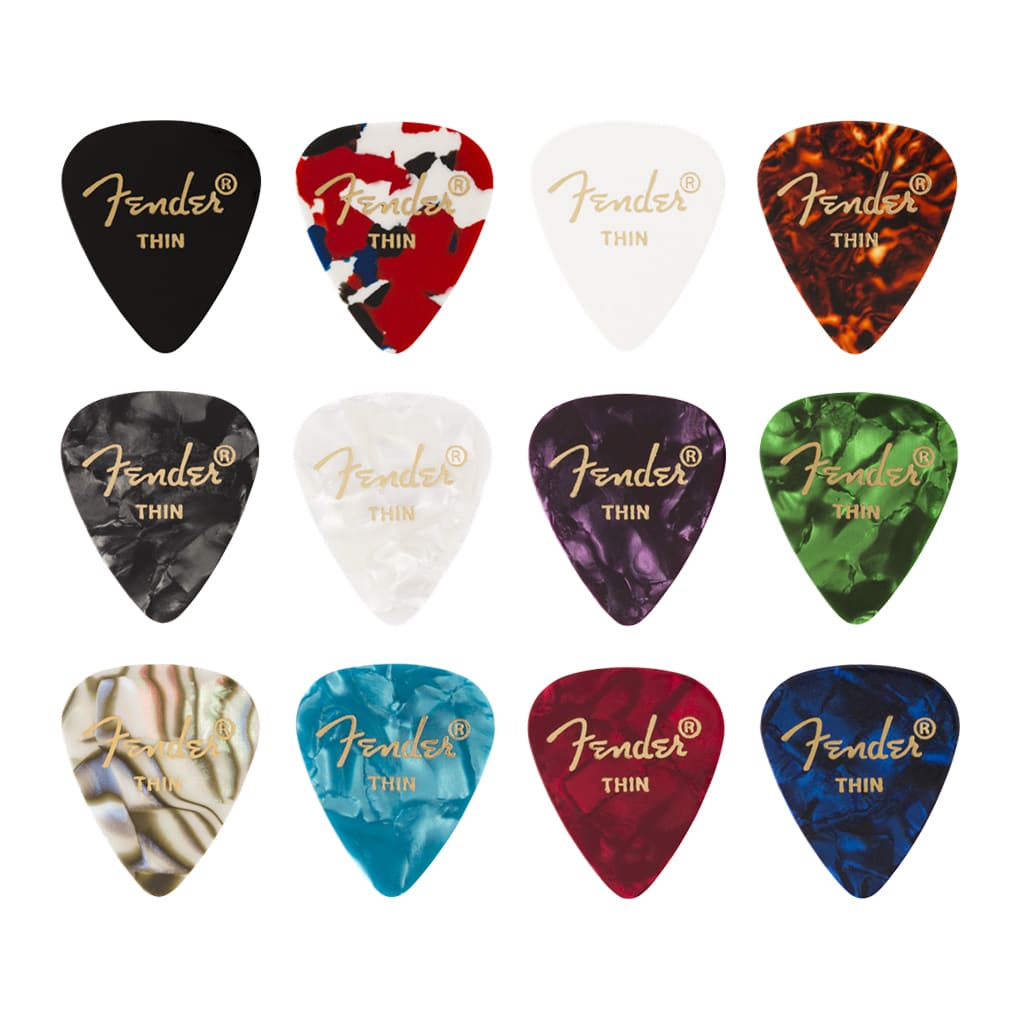 Fender – Celluloid Medley Guitar Picks – Assorted Colours – 351 Shape – Thin – 12 Pack 1
