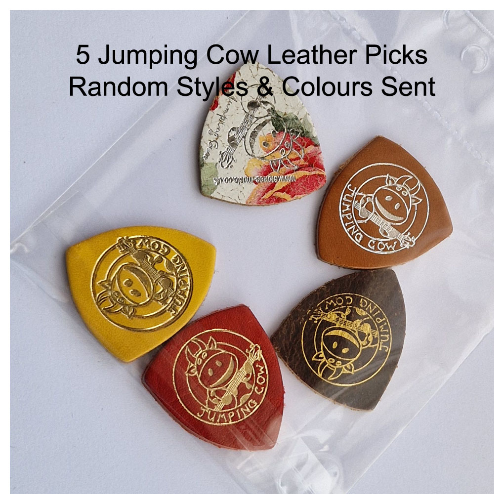 Jumping Cow – 5 Leather Picks – For Ukulele & Banjo – Assorted Colours & Styles – 5 Picks 1