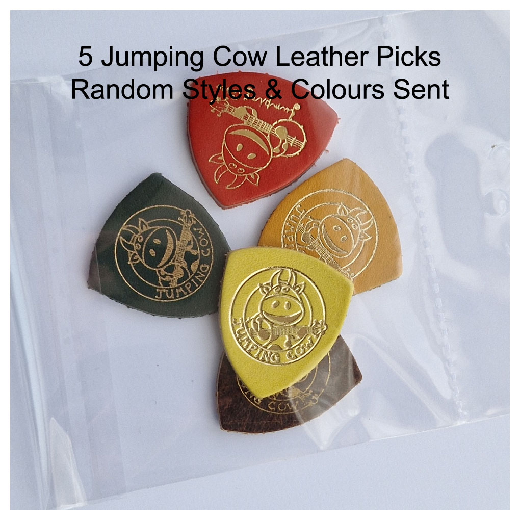Jumping Cow – 5 Leather Picks – For Ukulele & Banjo – Assorted Colours & Styles – 5 Picks 3