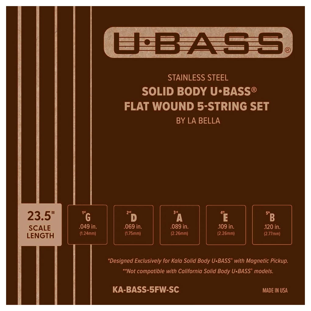 Kala La Bella – Flat Wound Bass Ukulele Strings for Solid Body UBass – Stainless Steel – 5 String Set – 23