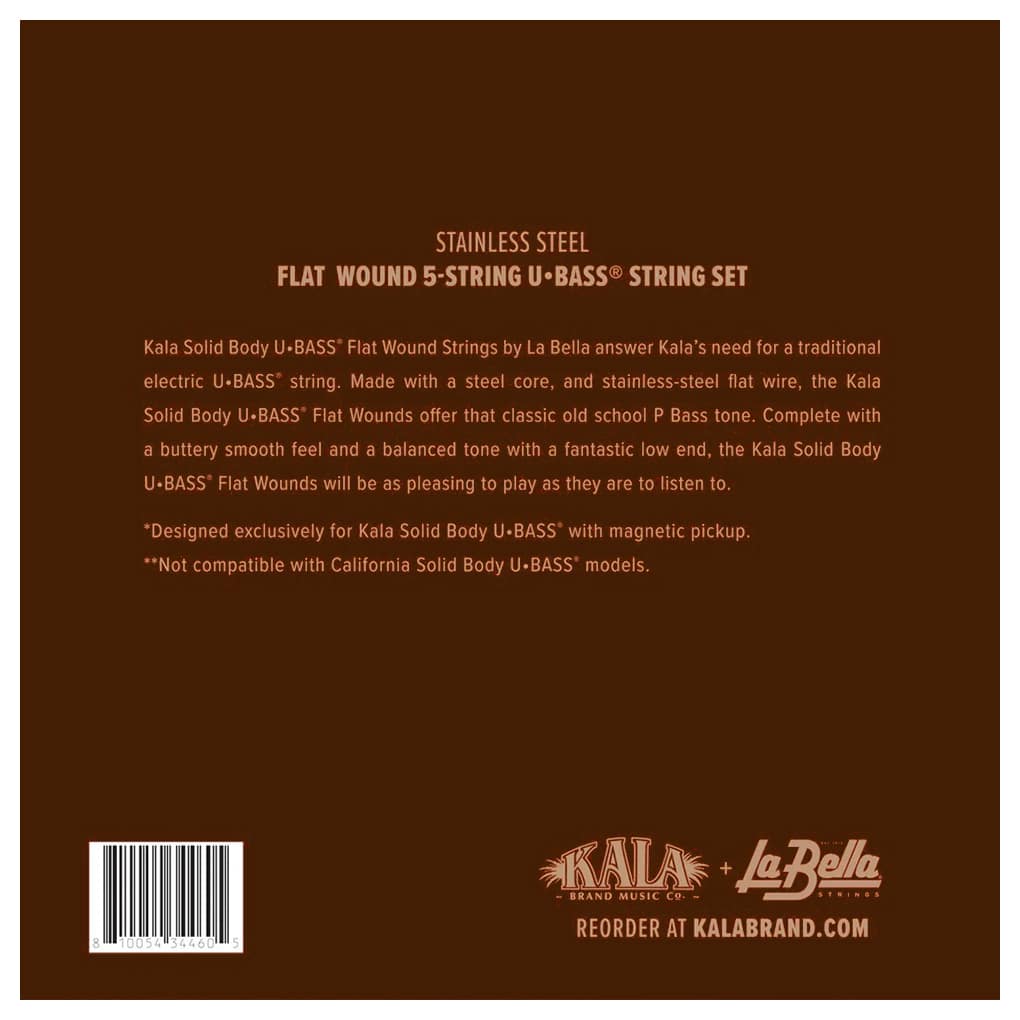 Kala La Bella – Flat Wound Bass Ukulele Strings for Solid Body UBass – Stainless Steel – 5 String Set – 23